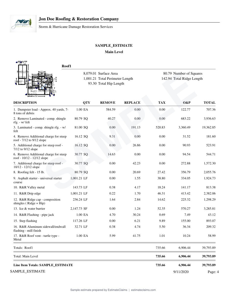Sample Xactimate estimate page showing roof line items with quantities, removal and replacement costs, tax, overhead and profit and totals