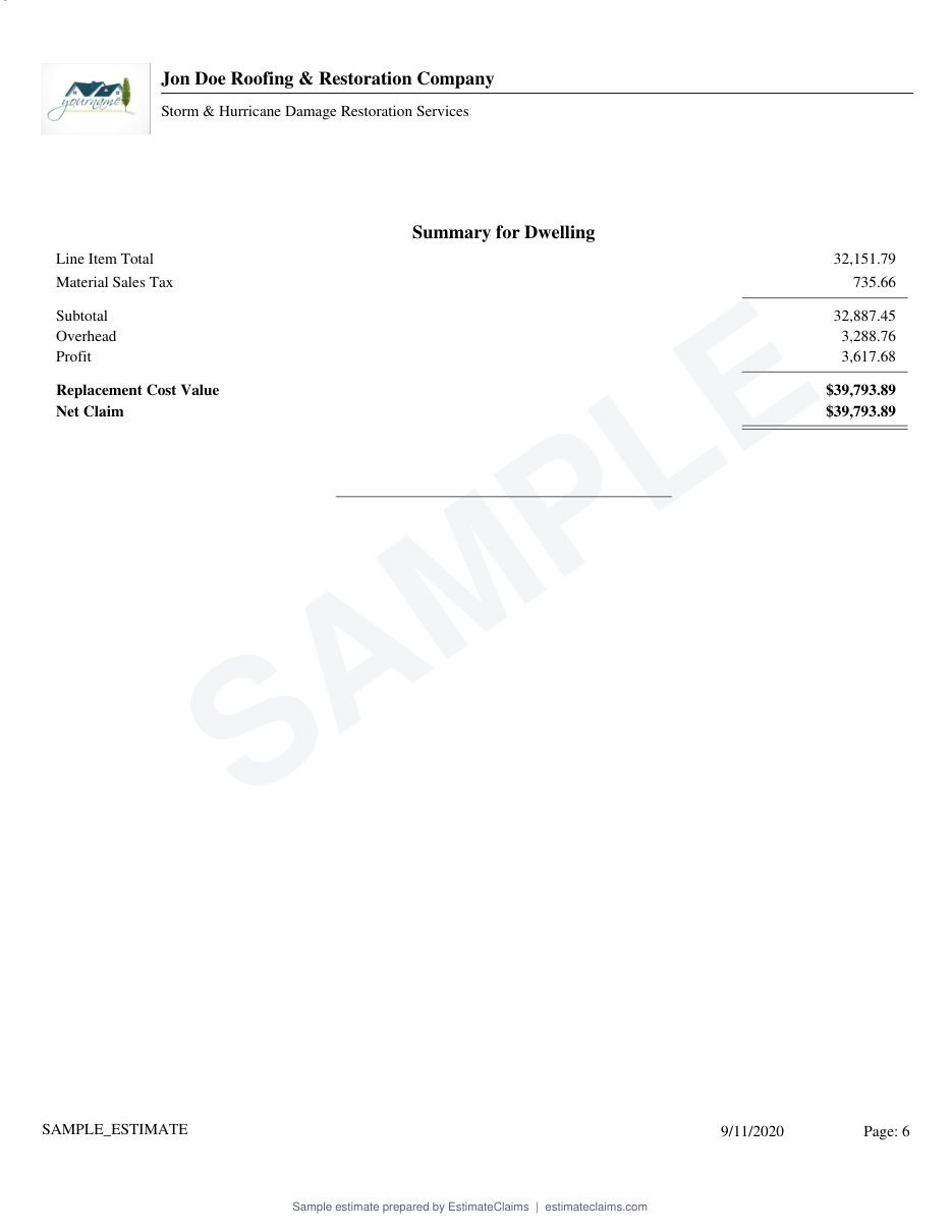 Sample estimate summary page showing line item total, material sales tax, overhead, profit and replacement cost value
